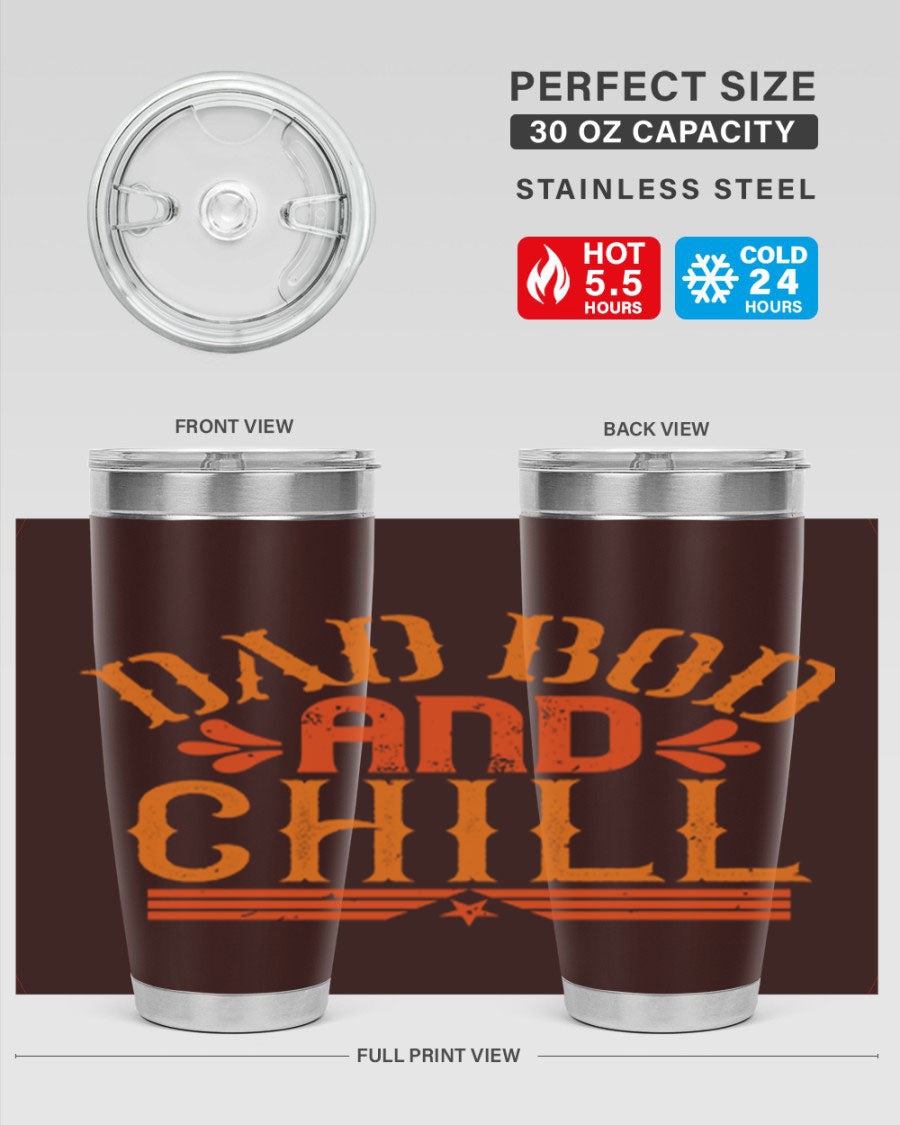 Dad Bod and Chill 20oz Tumbler featuring double wall vacuum insulation and a stylish design, perfect for Father's Day gifts.