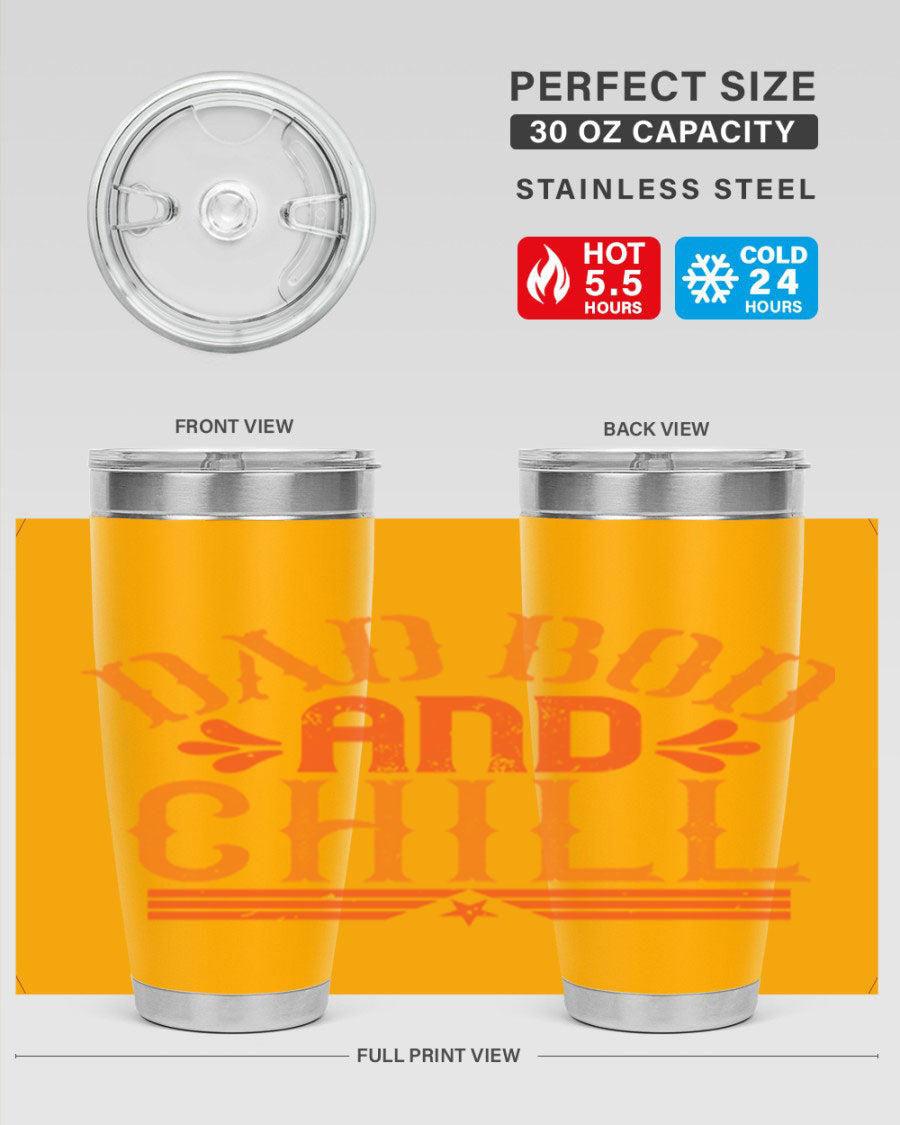 Dad Bod and Chill 20oz Tumbler featuring double wall vacuum insulation and a stylish design, perfect for Father's Day gifts.