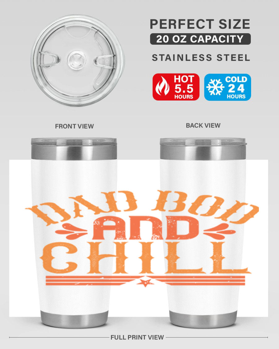Dad Bod and Chill 20oz Tumbler featuring double wall vacuum insulation and a stylish design, perfect for Father's Day gifts.