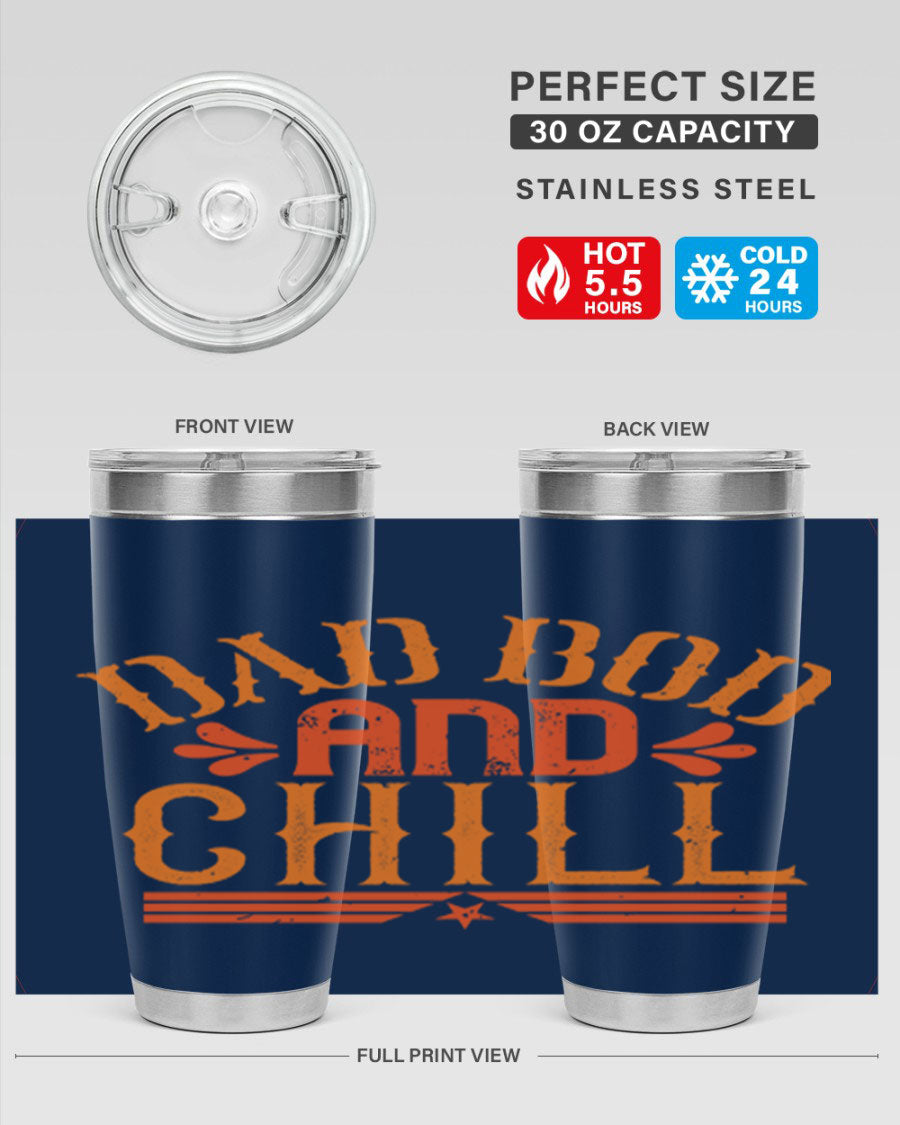 Dad Bod and Chill 20oz Tumbler featuring double wall vacuum insulation and a stylish design, perfect for Father's Day gifts.