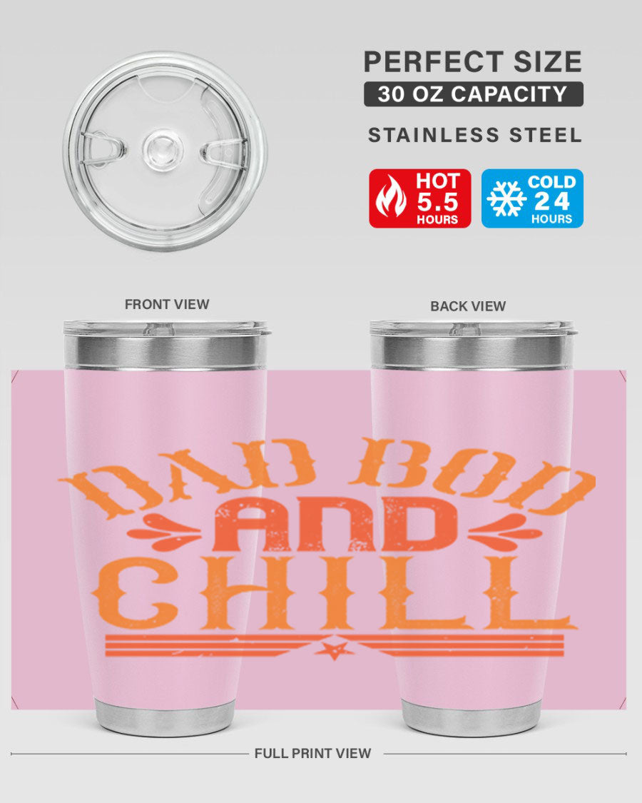 Dad Bod and Chill 20oz Tumbler featuring double wall vacuum insulation and a stylish design, perfect for Father's Day gifts.