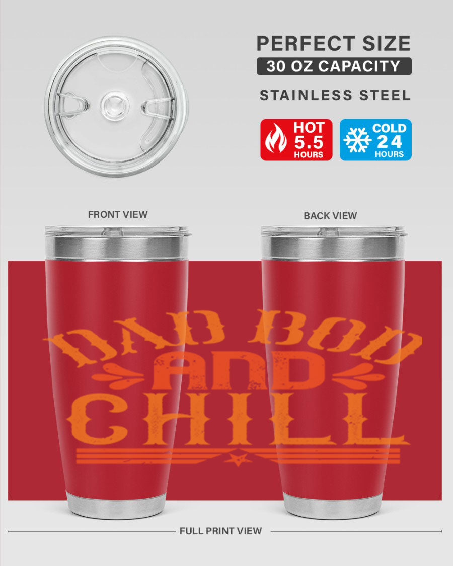 Dad Bod and Chill 20oz Tumbler featuring double wall vacuum insulation and a stylish design, perfect for Father's Day gifts.