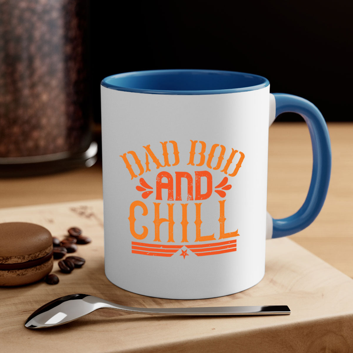 A stylish two-tone Dad Bod and Chill Mug with a colored handle and glossy finish, perfect for coffee or tea.