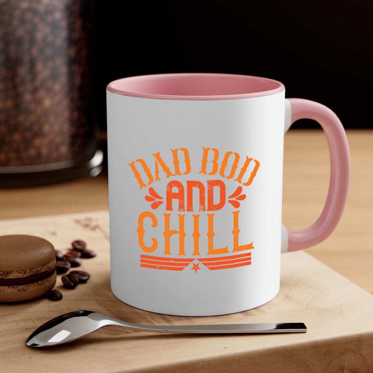 A stylish two-tone Dad Bod and Chill Mug with a colored handle and glossy finish, perfect for coffee or tea.