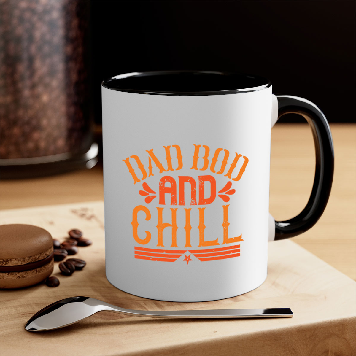 A stylish two-tone Dad Bod and Chill Mug with a colored handle and glossy finish, perfect for coffee or tea.