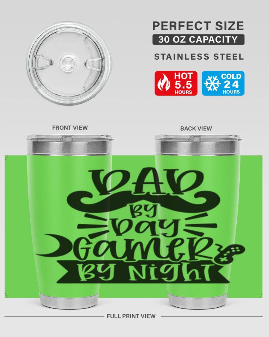 Dad by Day Gamer 67# Tumbler in stainless steel with a vibrant design, perfect for keeping drinks hot or cold.