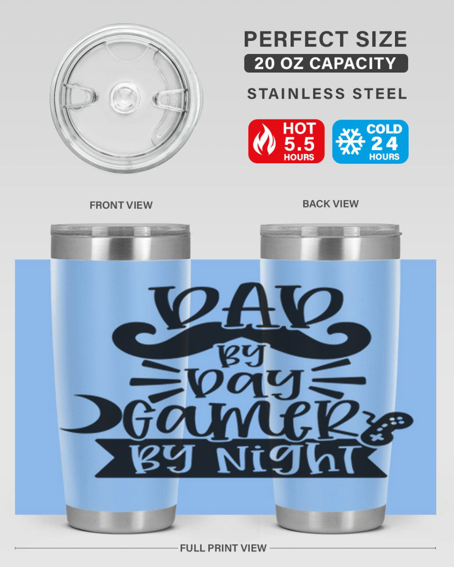 Dad by Day Gamer 67# Tumbler in stainless steel with a vibrant design, perfect for keeping drinks hot or cold.