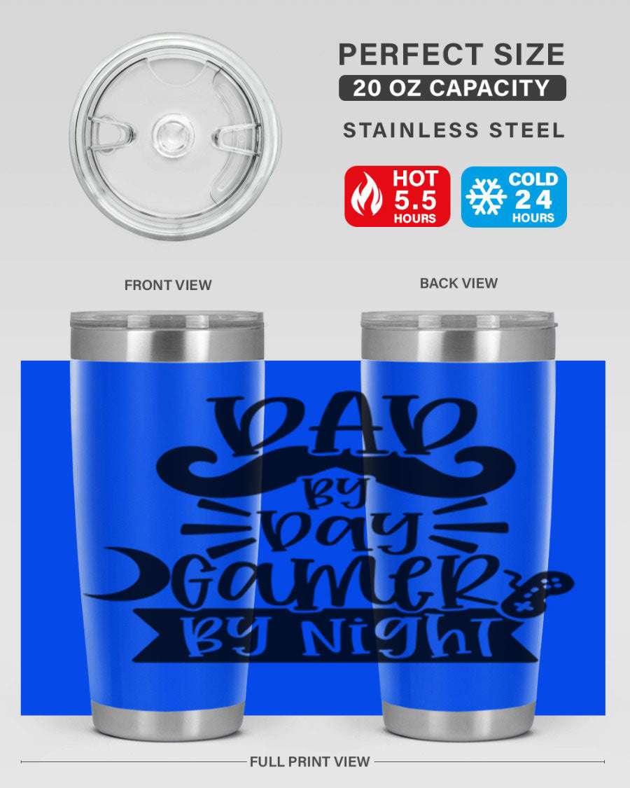 Dad by Day Gamer 67# Tumbler in stainless steel with a vibrant design, perfect for keeping drinks hot or cold.