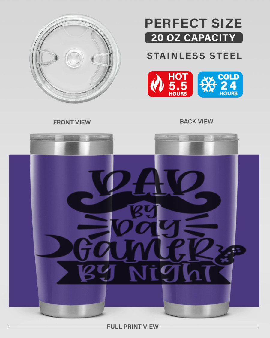 Dad by Day Gamer 67# Tumbler in stainless steel with a vibrant design, perfect for keeping drinks hot or cold.