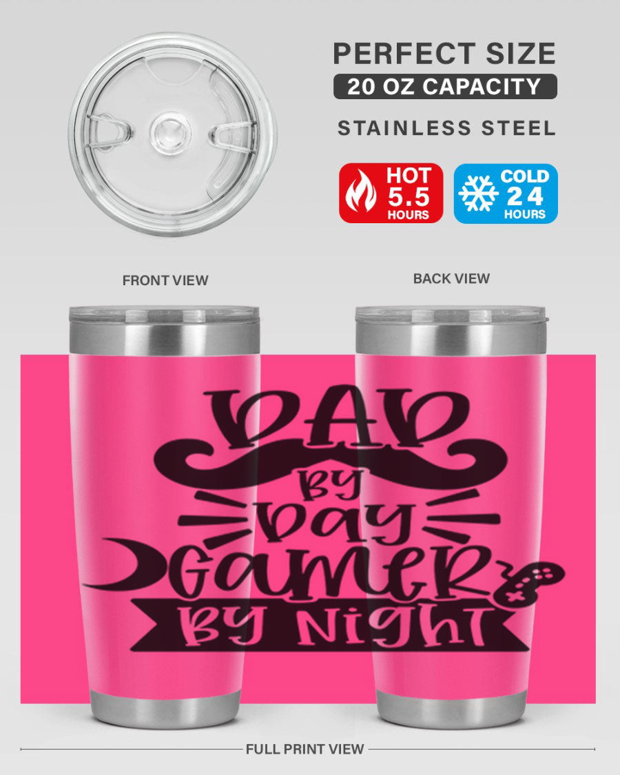 Dad by Day Gamer 67# Tumbler in stainless steel with a vibrant design, perfect for keeping drinks hot or cold.