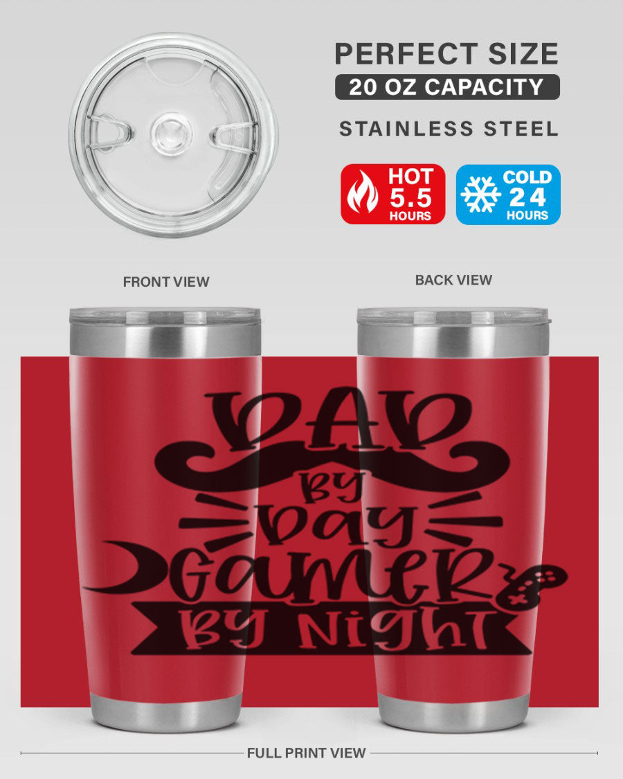 Dad by Day Gamer 67# Tumbler in stainless steel with a vibrant design, perfect for keeping drinks hot or cold.