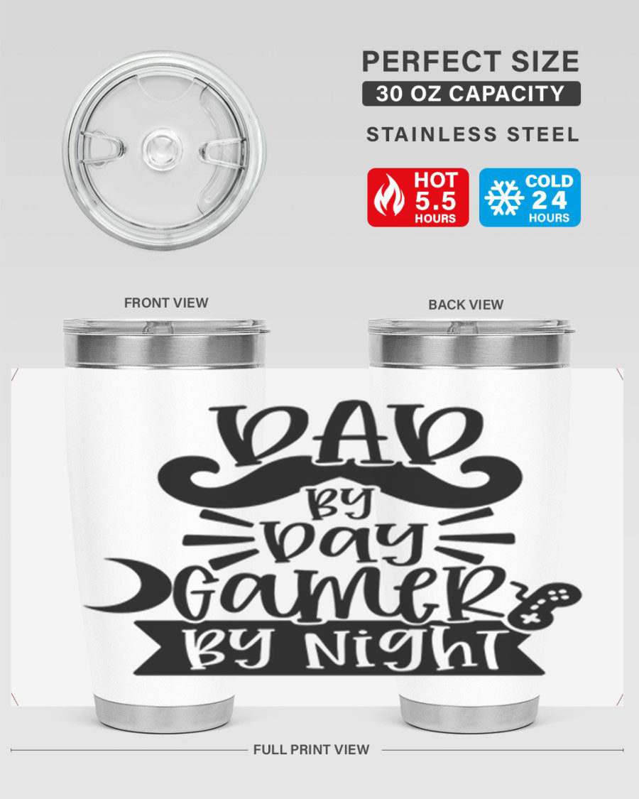 Dad by Day Gamer 67# Tumbler in stainless steel with a vibrant design, perfect for keeping drinks hot or cold.