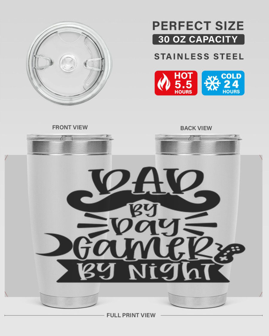 Dad by Day Gamer 67# Tumbler in stainless steel with a vibrant design, perfect for keeping drinks hot or cold.