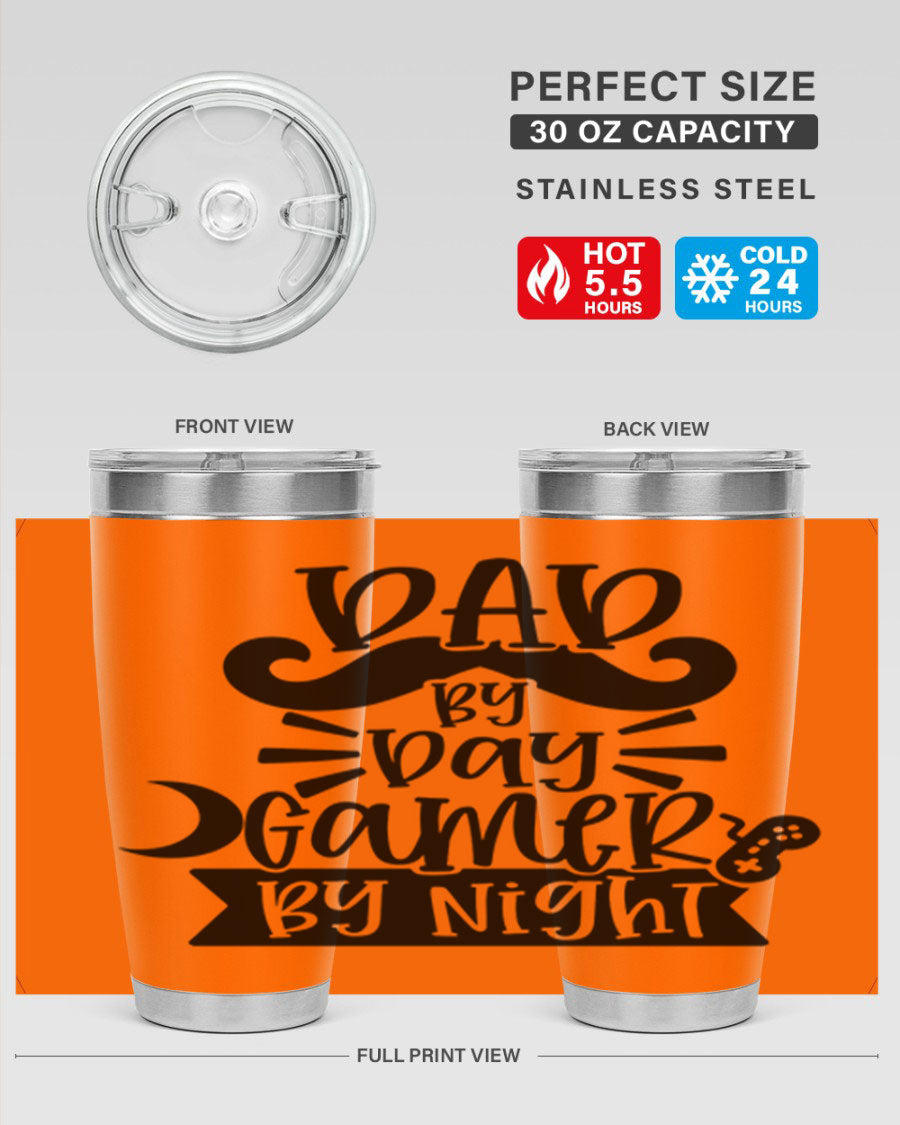 Dad by Day Gamer 67# Tumbler in stainless steel with a vibrant design, perfect for keeping drinks hot or cold.