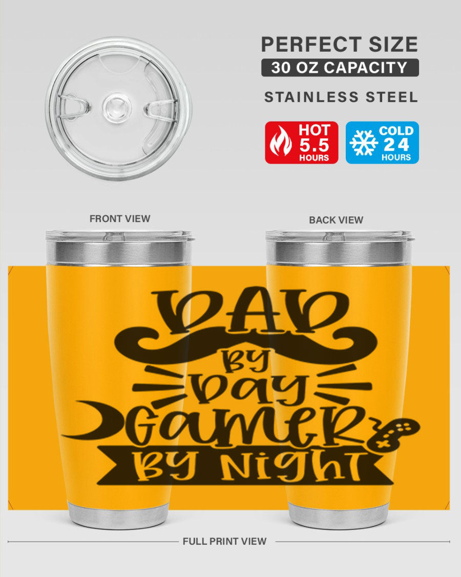 Dad by Day Gamer 67# Tumbler in stainless steel with a vibrant design, perfect for keeping drinks hot or cold.