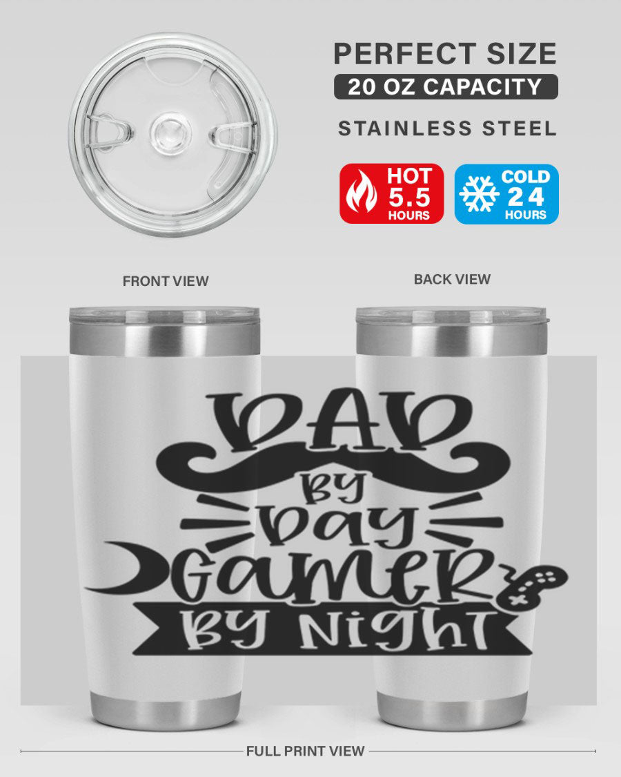 Dad by Day Gamer 67# Tumbler in stainless steel with a vibrant design, perfect for keeping drinks hot or cold.