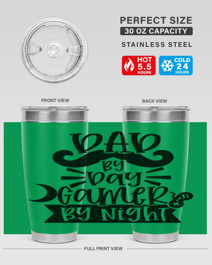 Dad by Day Gamer 67# Tumbler in stainless steel with a vibrant design, perfect for keeping drinks hot or cold.
