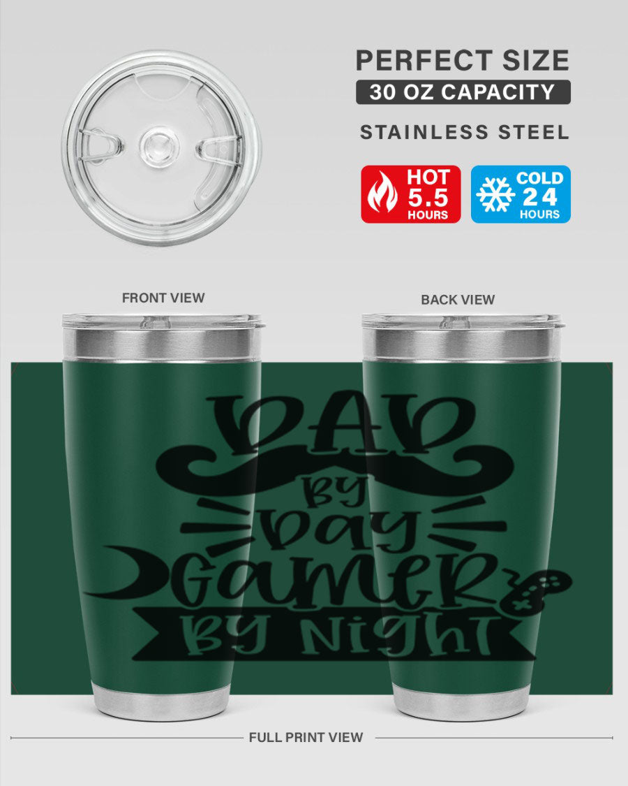 Dad by Day Gamer 67# Tumbler in stainless steel with a vibrant design, perfect for keeping drinks hot or cold.