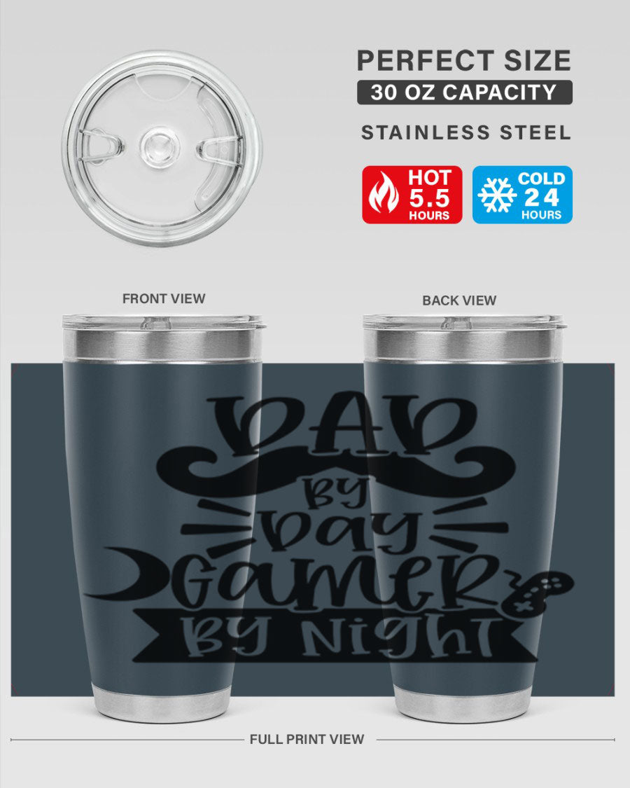 Dad by Day Gamer 67# Tumbler in stainless steel with a vibrant design, perfect for keeping drinks hot or cold.