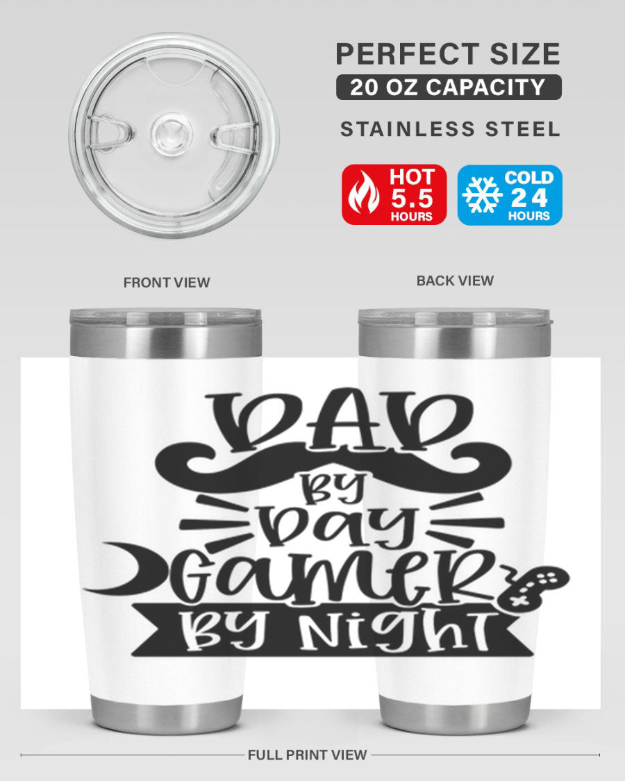 Dad by Day Gamer 67# Tumbler in stainless steel with a vibrant design, perfect for keeping drinks hot or cold.