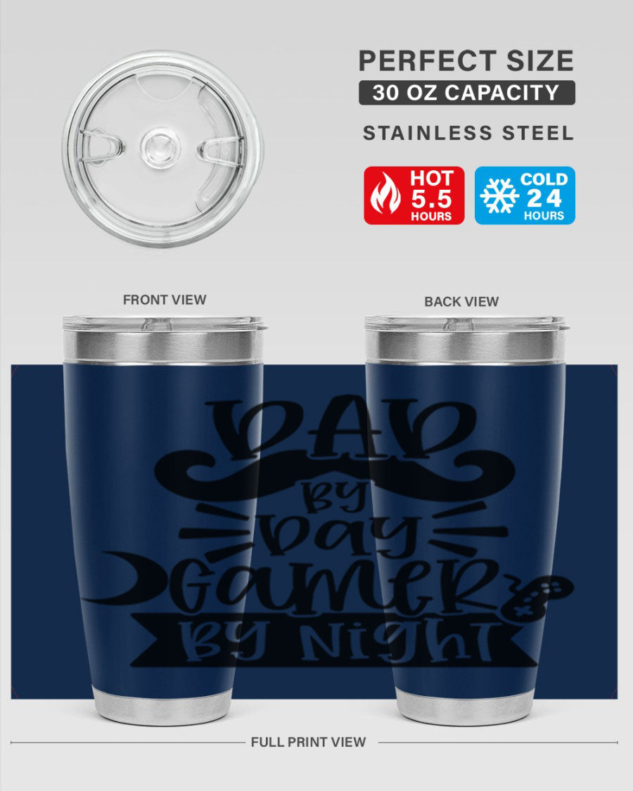 Dad by Day Gamer 67# Tumbler in stainless steel with a vibrant design, perfect for keeping drinks hot or cold.