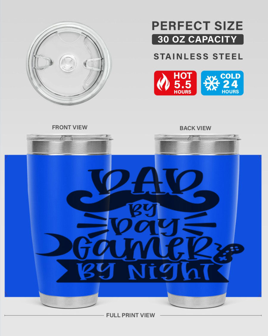 Dad by Day Gamer 67# Tumbler in stainless steel with a vibrant design, perfect for keeping drinks hot or cold.