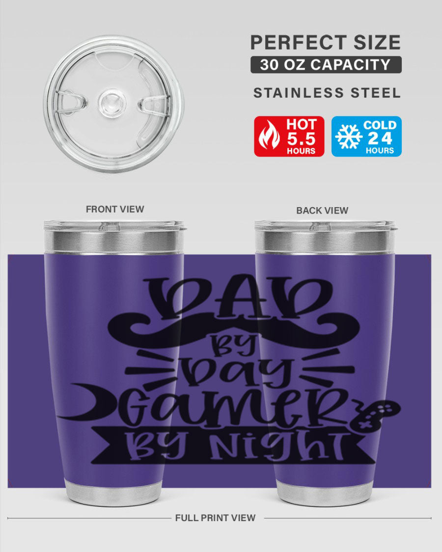 Dad by Day Gamer 67# Tumbler in stainless steel with a vibrant design, perfect for keeping drinks hot or cold.