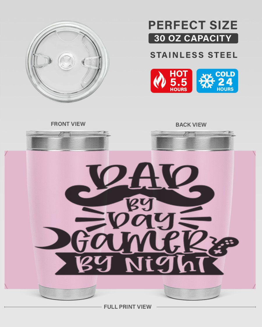 Dad by Day Gamer 67# Tumbler in stainless steel with a vibrant design, perfect for keeping drinks hot or cold.