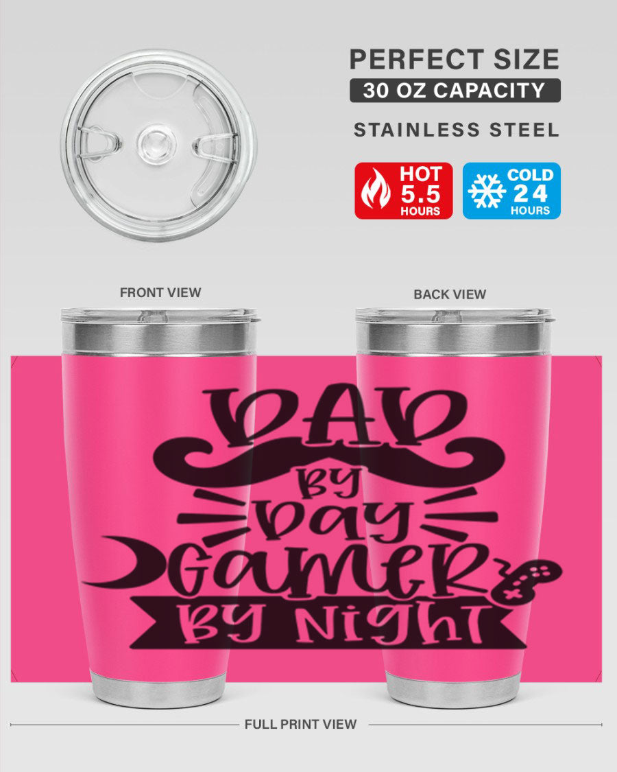 Dad by Day Gamer 67# Tumbler in stainless steel with a vibrant design, perfect for keeping drinks hot or cold.