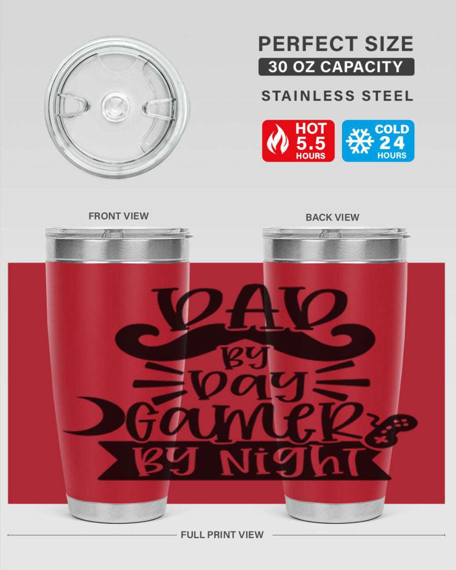 Dad by Day Gamer 67# Tumbler in stainless steel with a vibrant design, perfect for keeping drinks hot or cold.