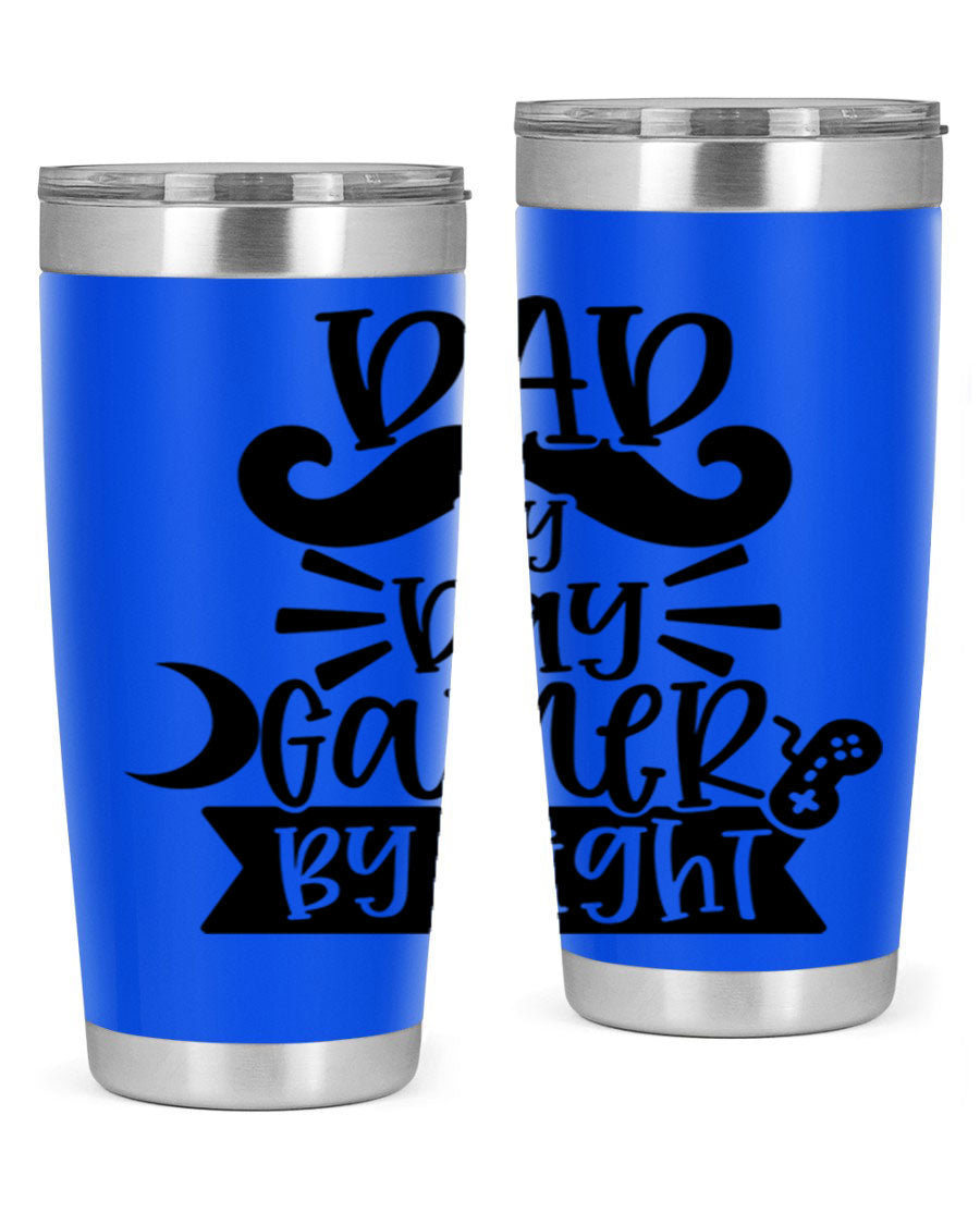 Dad by Day Gamer 67# Tumbler in stainless steel with a vibrant design, perfect for keeping drinks hot or cold.