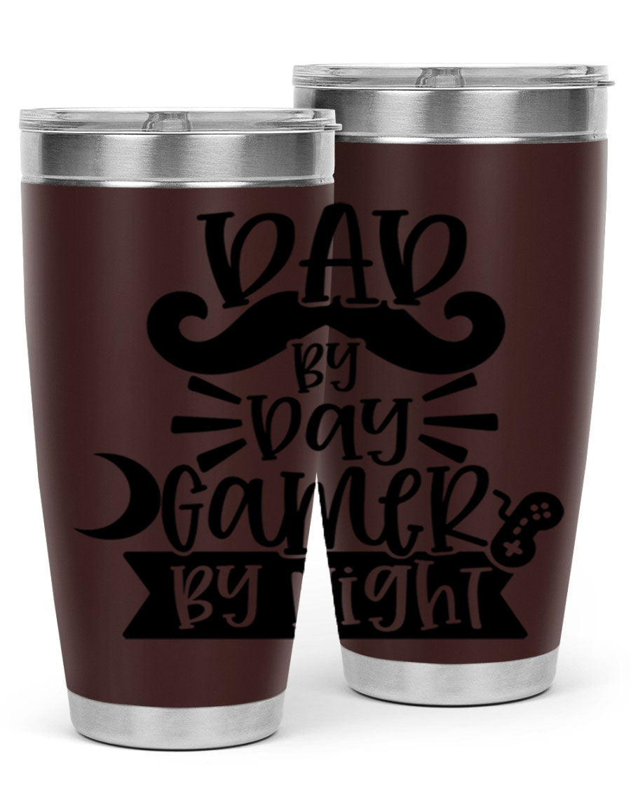 Dad by Day Gamer 67# Tumbler in stainless steel with a vibrant design, perfect for keeping drinks hot or cold.