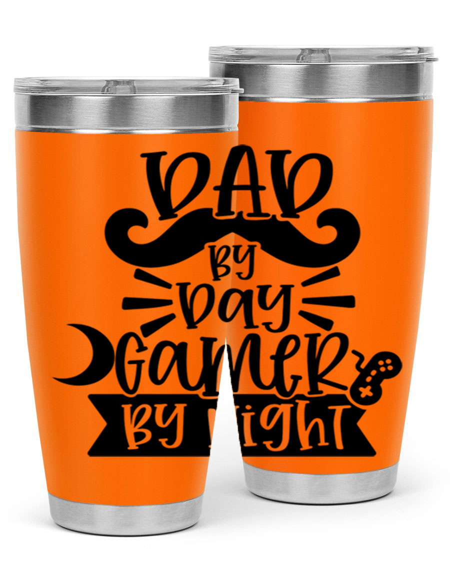 Dad by Day Gamer 67# Tumbler in stainless steel with a vibrant design, perfect for keeping drinks hot or cold.