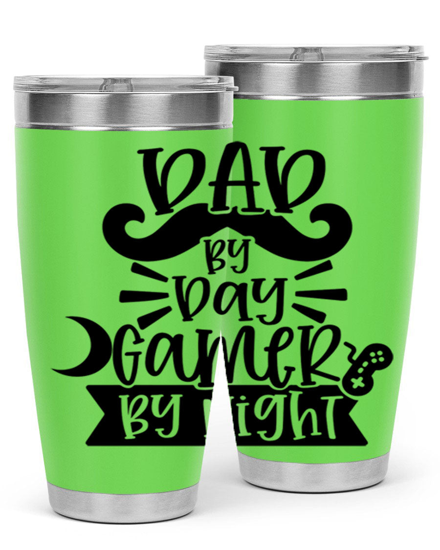 Dad by Day Gamer 67# Tumbler in stainless steel with a vibrant design, perfect for keeping drinks hot or cold.