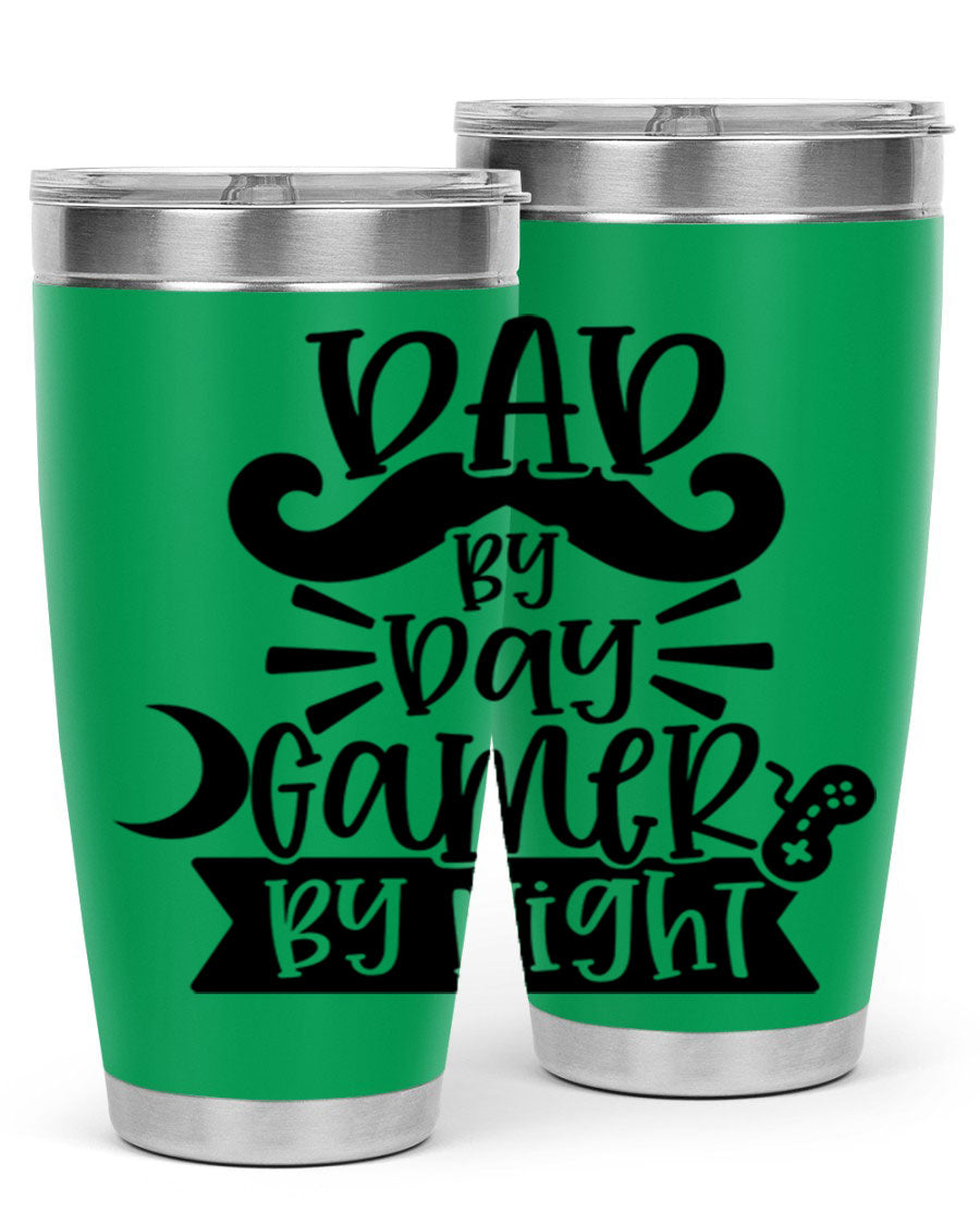 Dad by Day Gamer 67# Tumbler in stainless steel with a vibrant design, perfect for keeping drinks hot or cold.