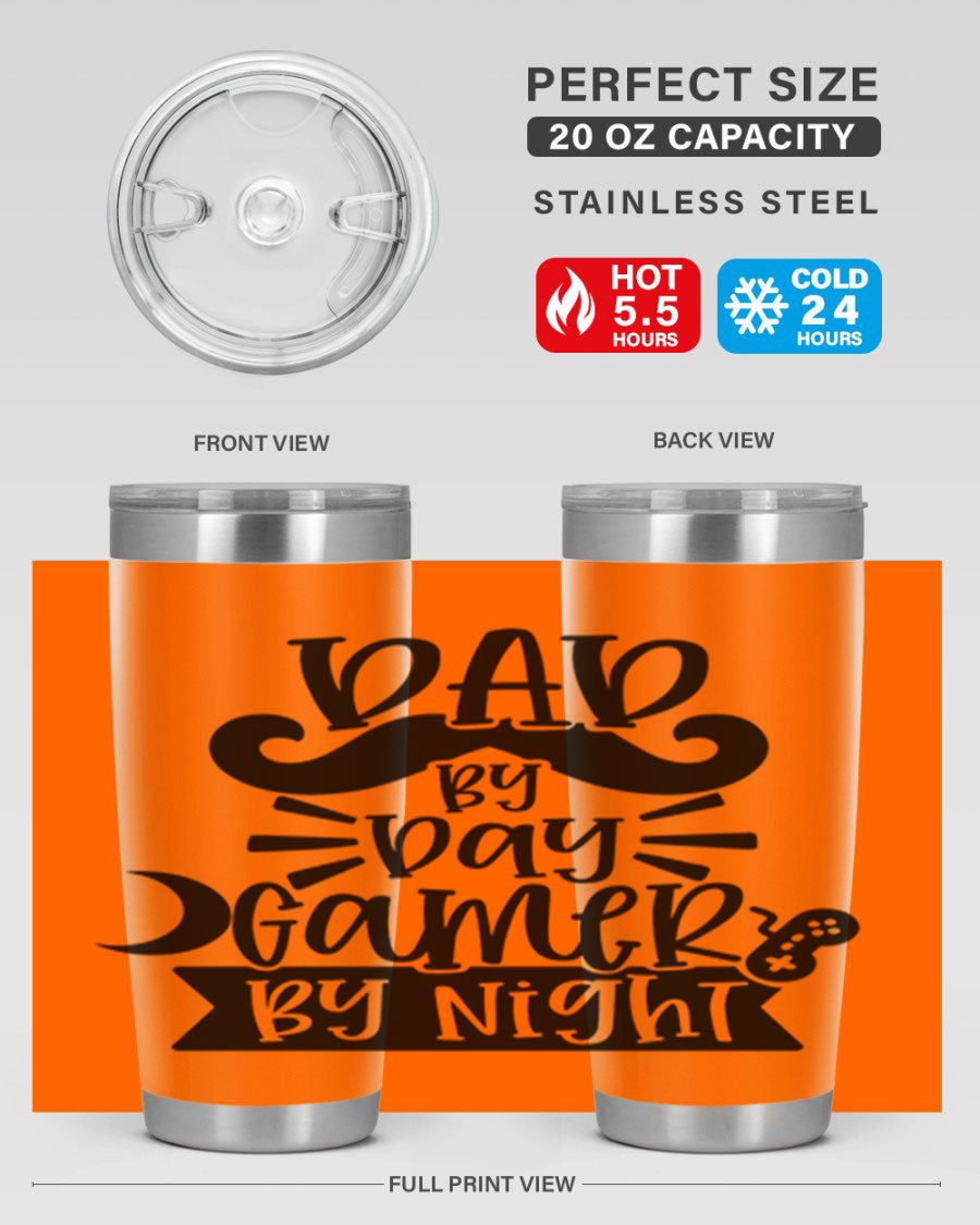 Dad by Day Gamer 67# Tumbler in stainless steel with a vibrant design, perfect for keeping drinks hot or cold.
