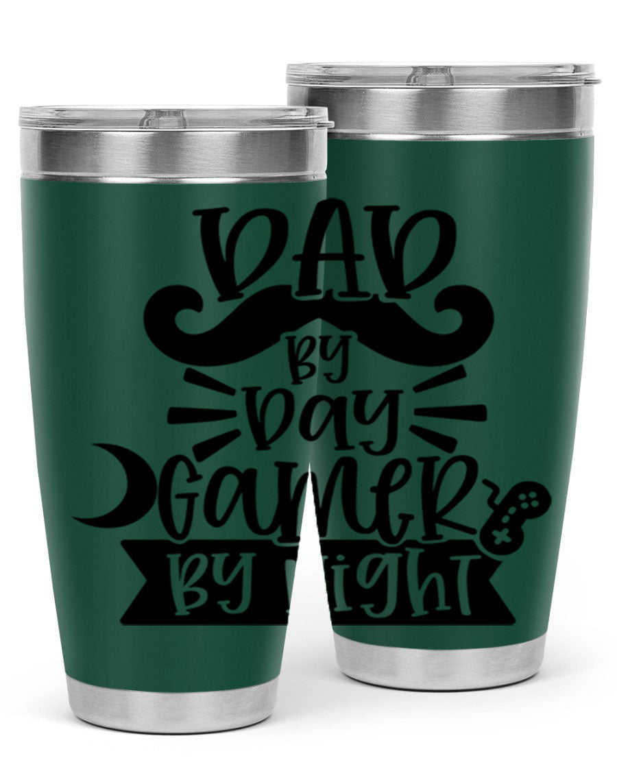 Dad by Day Gamer 67# Tumbler in stainless steel with a vibrant design, perfect for keeping drinks hot or cold.