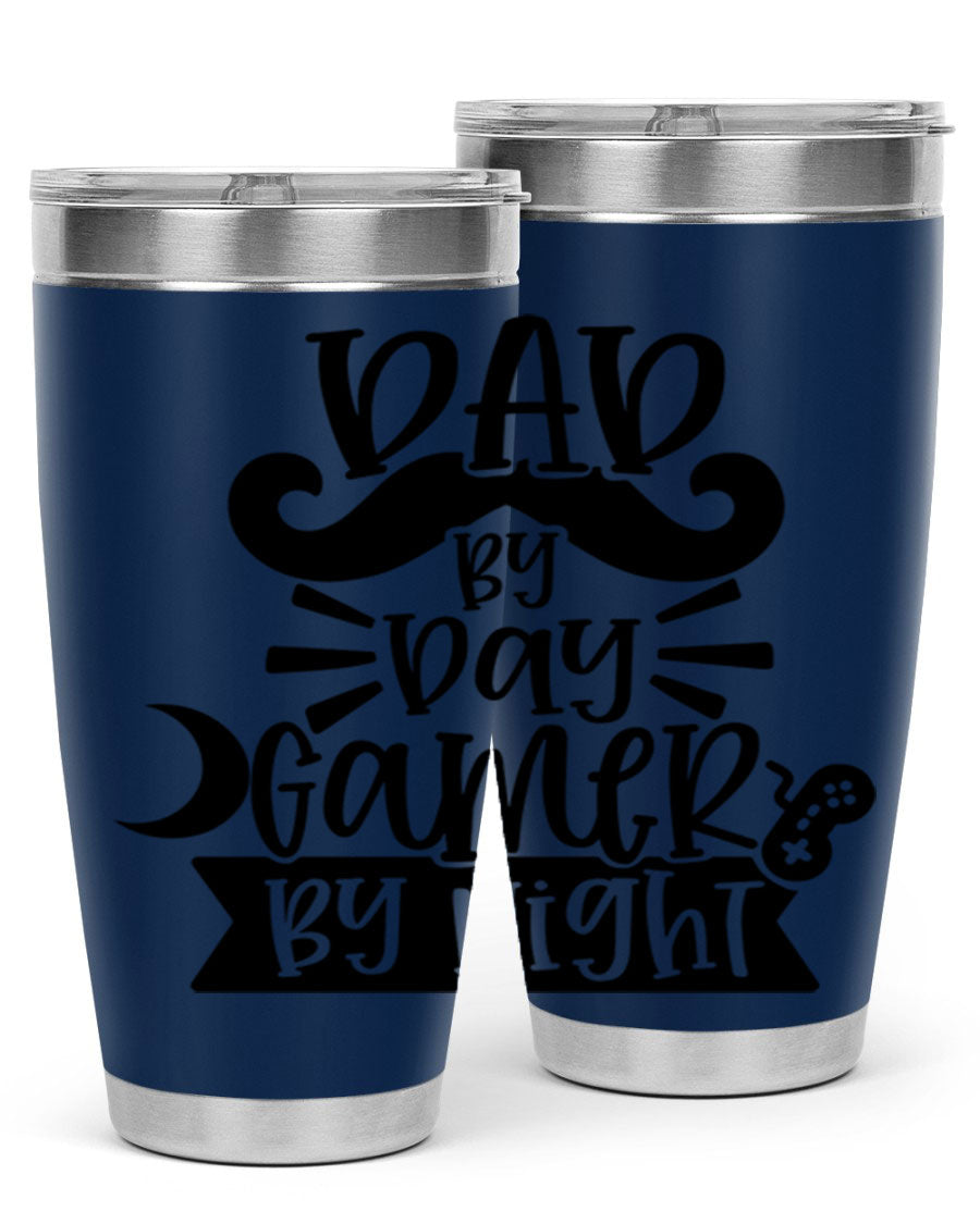 Dad by Day Gamer 67# Tumbler in stainless steel with a vibrant design, perfect for keeping drinks hot or cold.