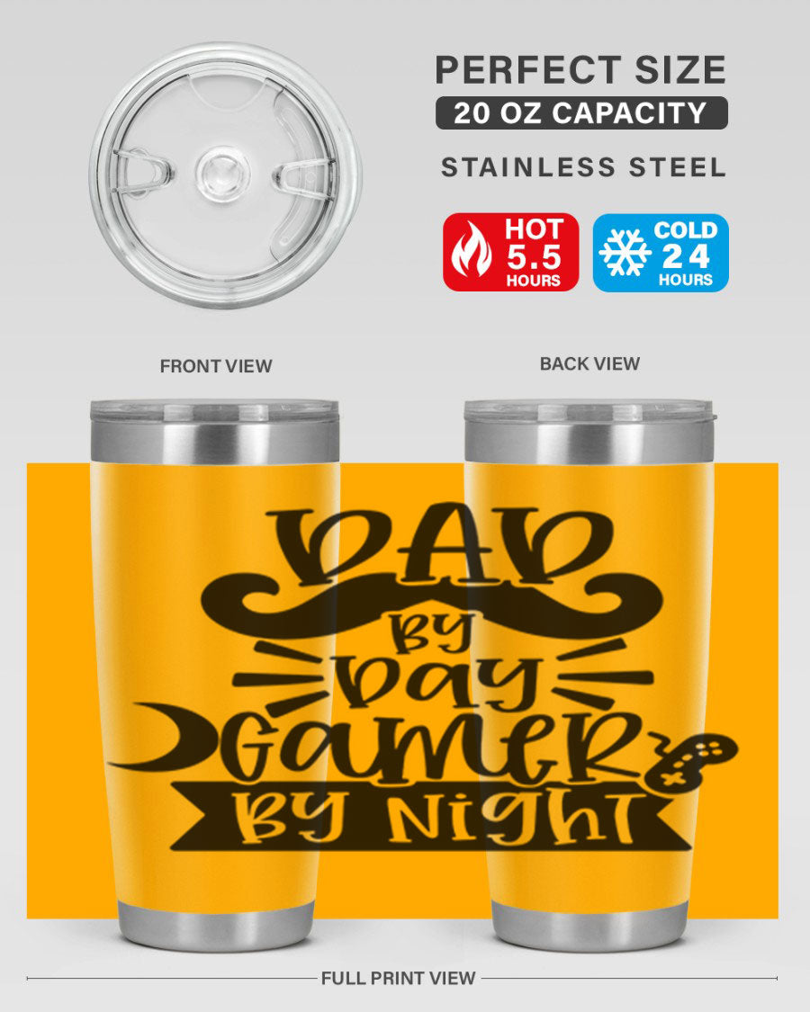 Dad by Day Gamer 67# Tumbler in stainless steel with a vibrant design, perfect for keeping drinks hot or cold.