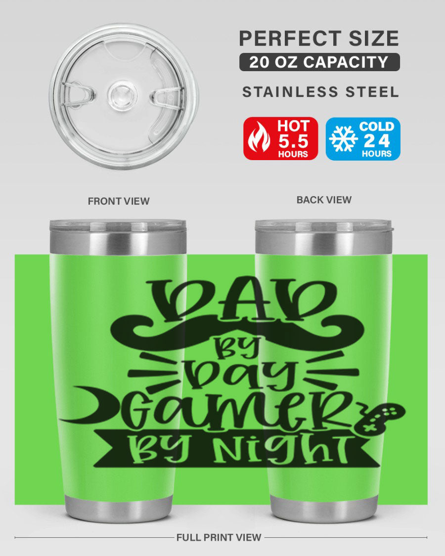 Dad by Day Gamer 67# Tumbler in stainless steel with a vibrant design, perfect for keeping drinks hot or cold.