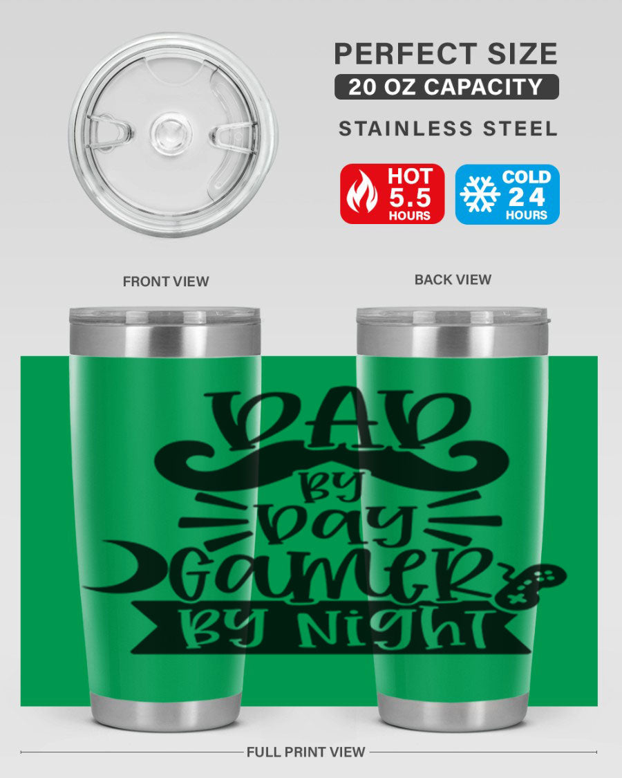 Dad by Day Gamer 67# Tumbler in stainless steel with a vibrant design, perfect for keeping drinks hot or cold.