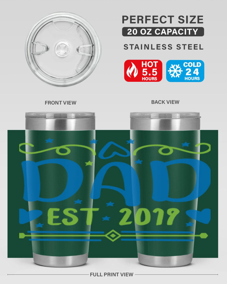 A stylish 'Dad est 99#' tumbler in stainless steel, showcasing its double wall vacuum design and drink-thru lid.