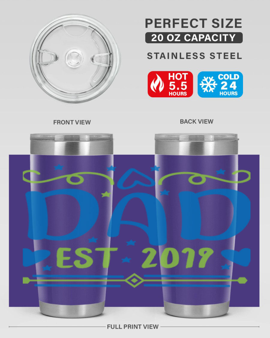 A stylish 'Dad est 99#' tumbler in stainless steel, showcasing its double wall vacuum design and drink-thru lid.