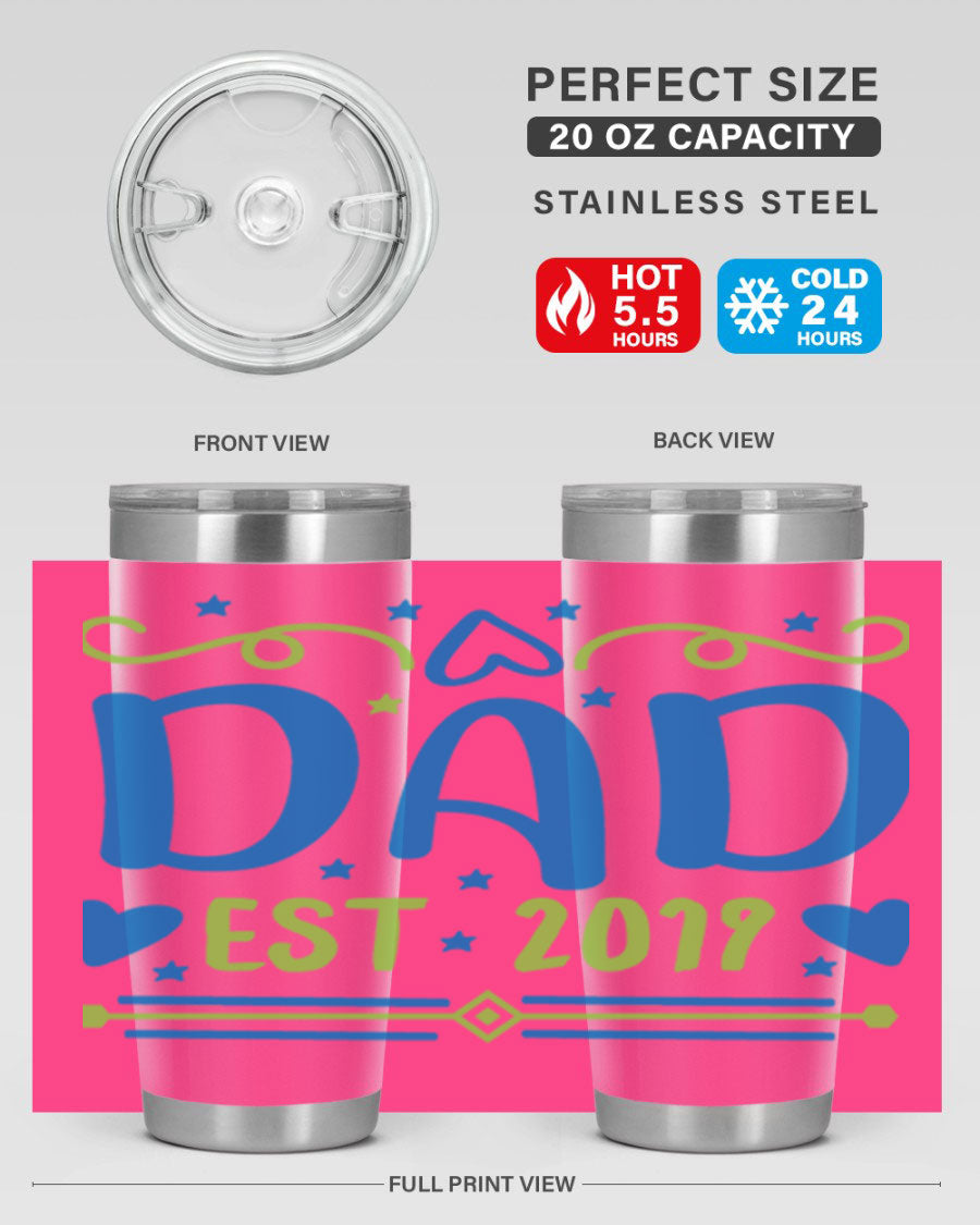 A stylish 'Dad est 99#' tumbler in stainless steel, showcasing its double wall vacuum design and drink-thru lid.