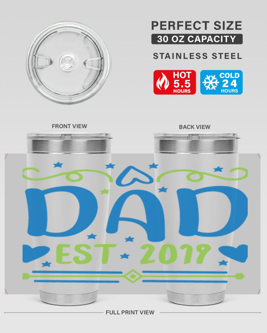 A stylish 'Dad est 99#' tumbler in stainless steel, showcasing its double wall vacuum design and drink-thru lid.