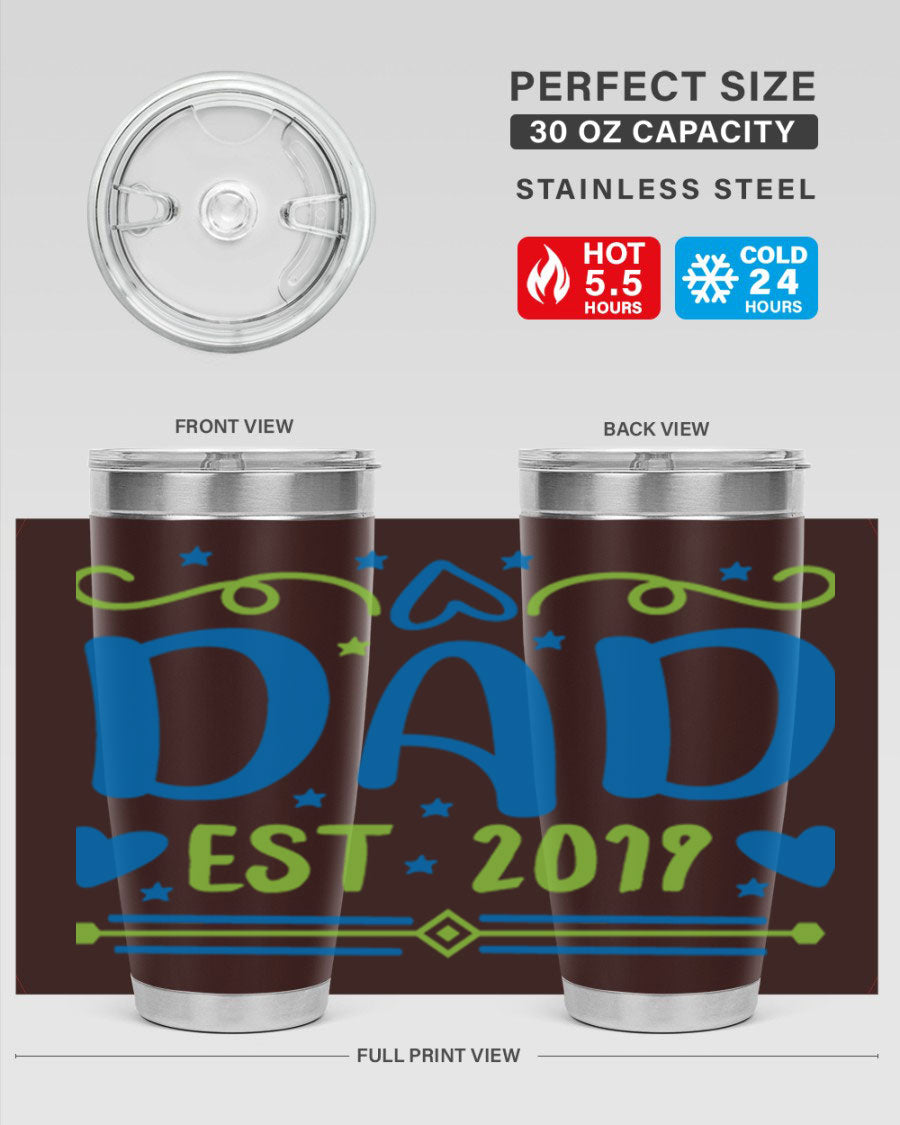 A stylish 'Dad est 99#' tumbler in stainless steel, showcasing its double wall vacuum design and drink-thru lid.