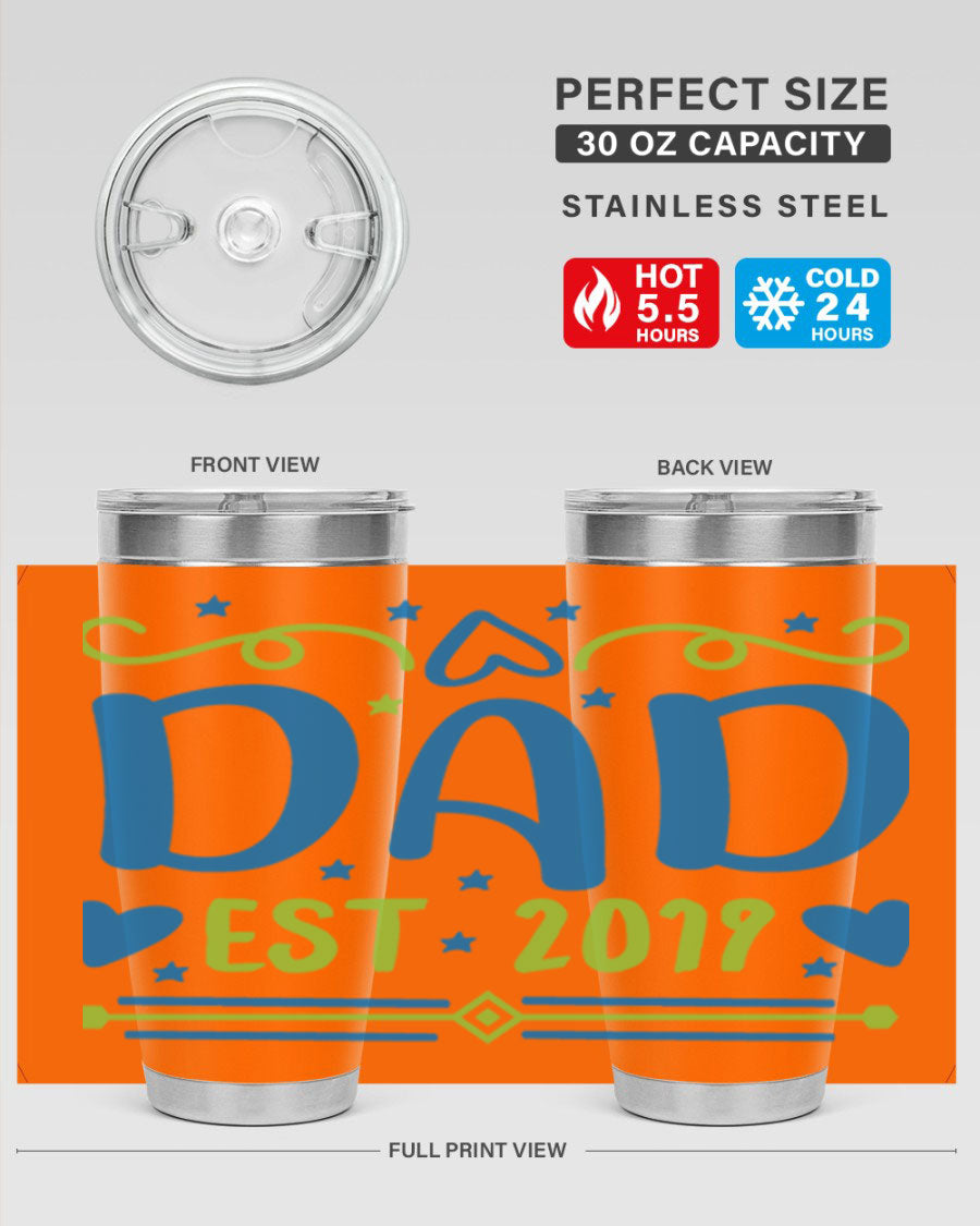 A stylish 'Dad est 99#' tumbler in stainless steel, showcasing its double wall vacuum design and drink-thru lid.