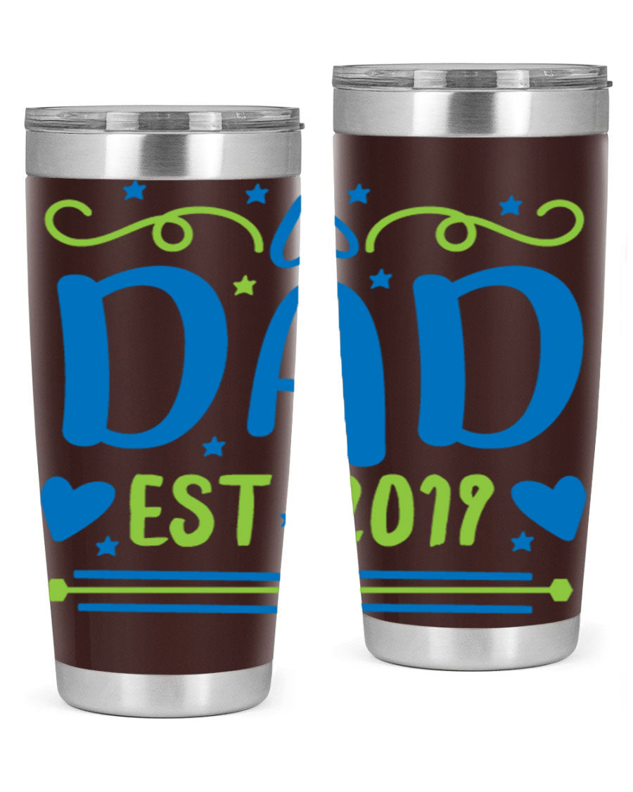 A stylish 'Dad est 99#' tumbler in stainless steel, showcasing its double wall vacuum design and drink-thru lid.