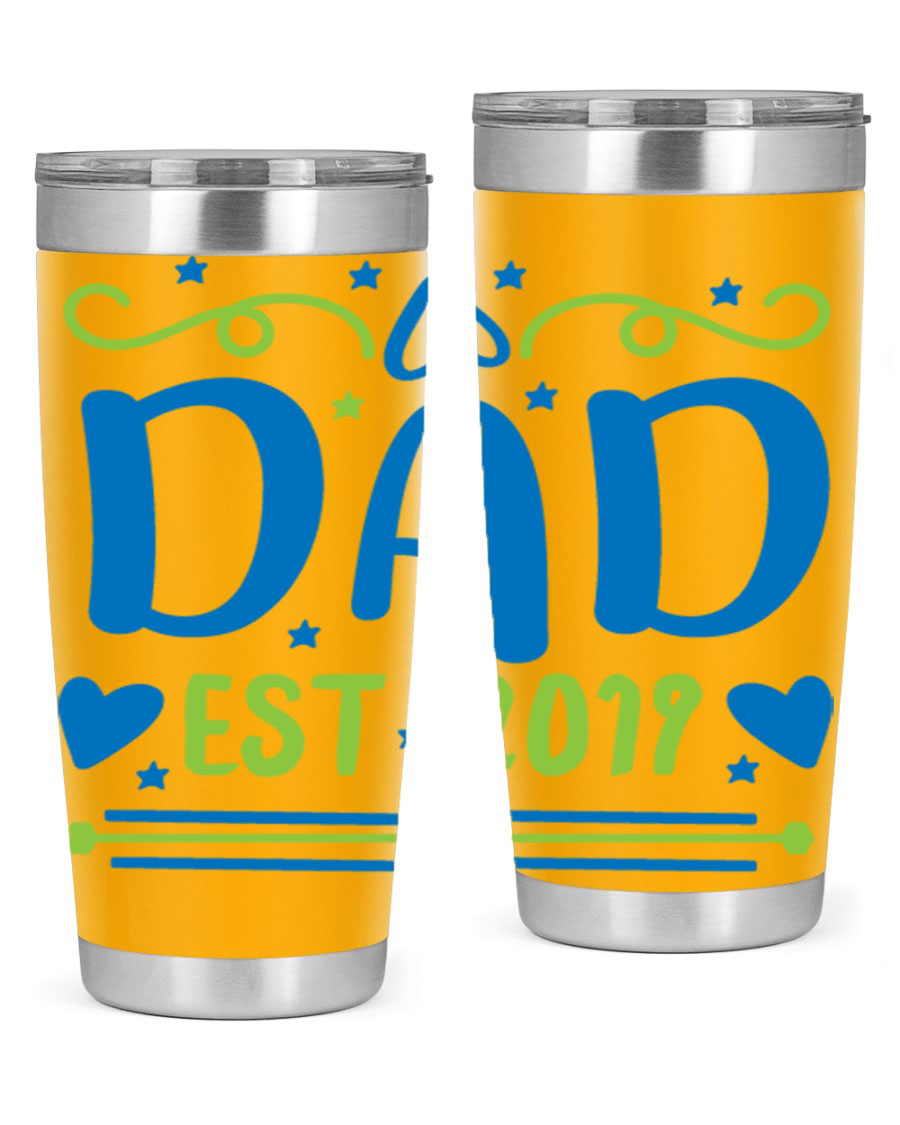 A stylish 'Dad est 99#' tumbler in stainless steel, showcasing its double wall vacuum design and drink-thru lid.