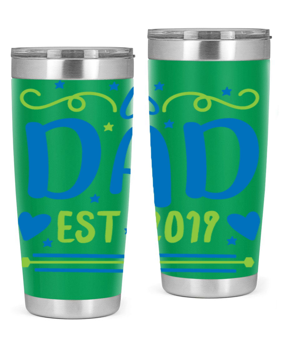 A stylish 'Dad est 99#' tumbler in stainless steel, showcasing its double wall vacuum design and drink-thru lid.